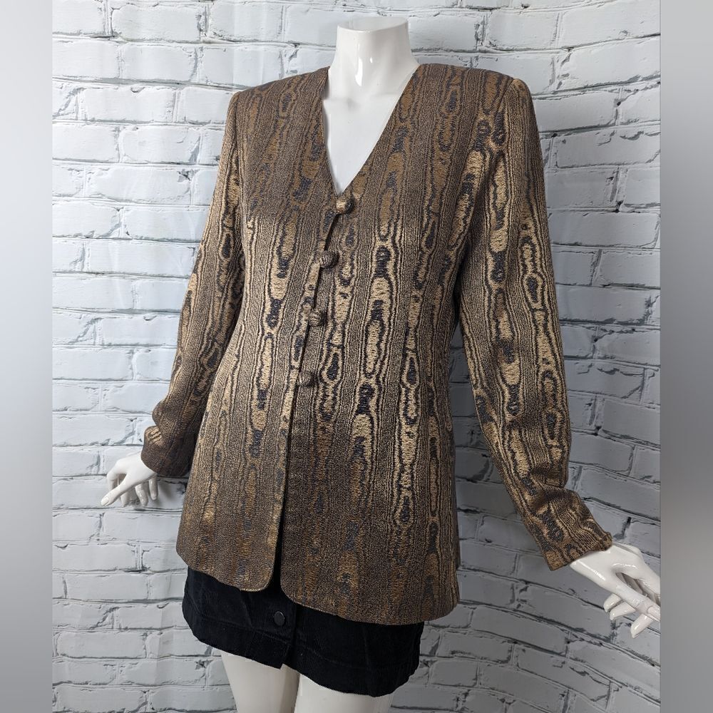 Printed blazer, Shiny fabric blazer, Wood print jacket, 80s 90s blazer